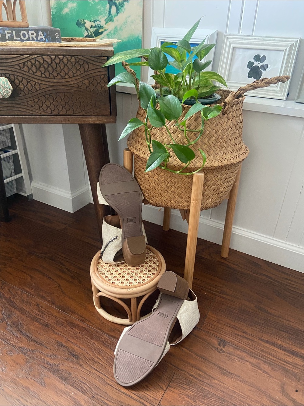 Toms Cream and Brown Block Heel Sandals - Picture 3 of 4